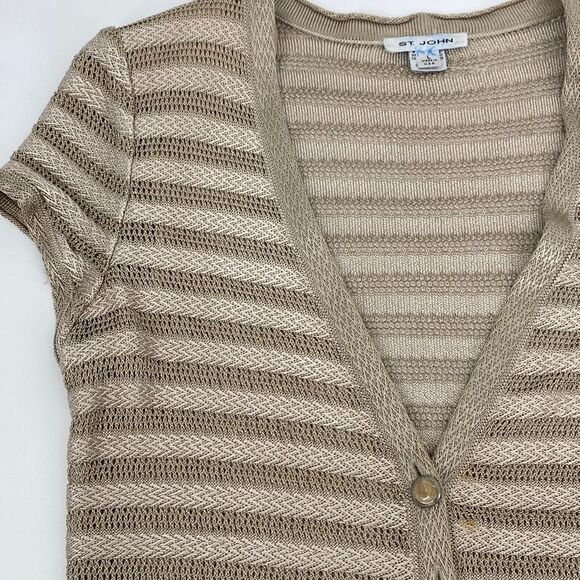 ST JOHN Plunging Neckline Knit Short Sleeve Sweater Button Front Beige Large - Picture 7 of 16